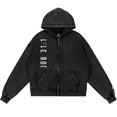 Black hoodie with 'JOB 31:1' text on a white background