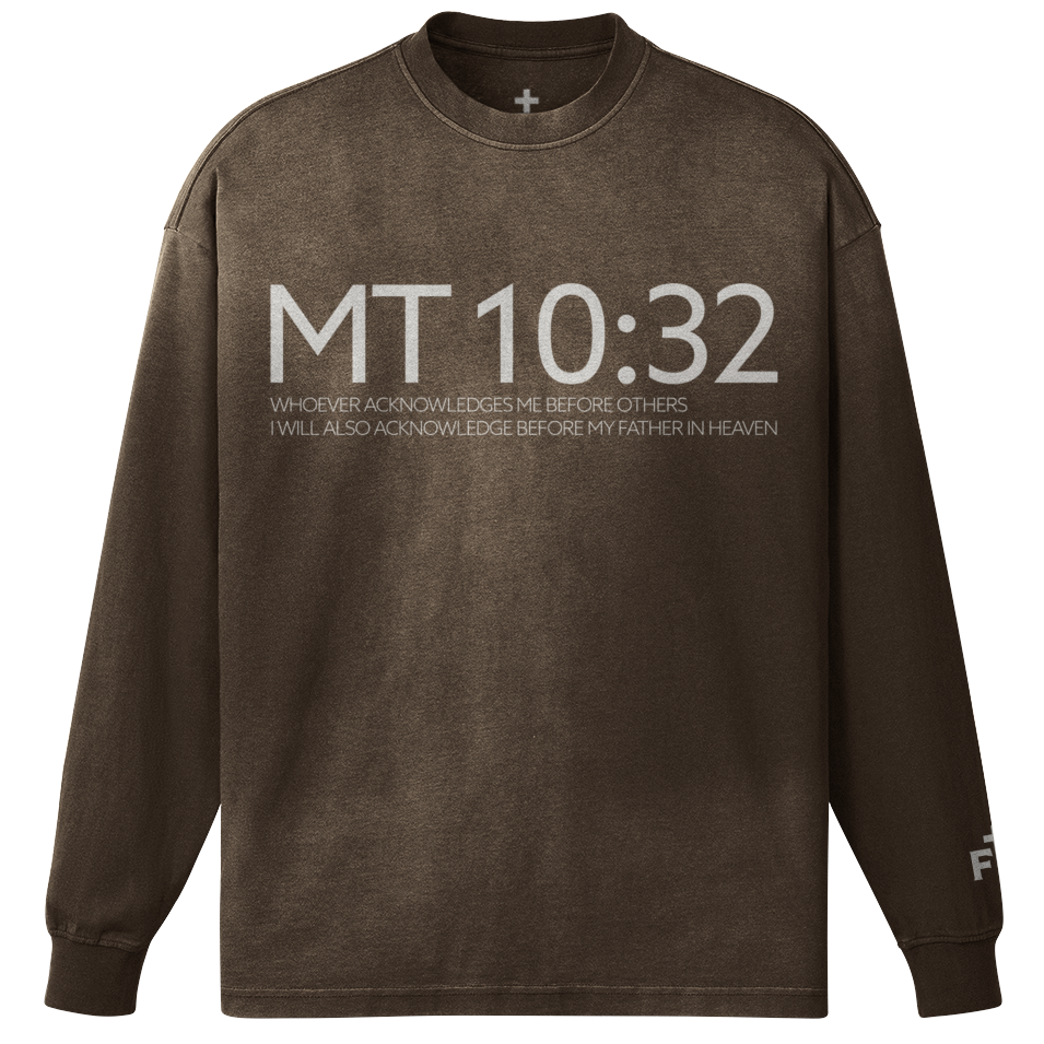 Brown long-sleeve shirt with 'MT 10:32' text on a white background