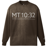 Brown long-sleeve shirt with 'MT 10:32' text on a white background