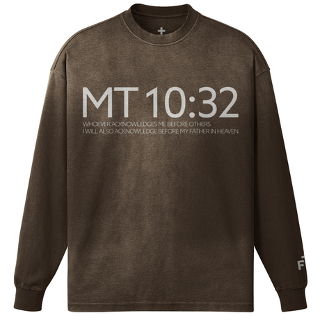 Brown long-sleeve shirt with 'MT 10:32' text on a white background