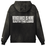 Black hoodie with "Vengeance is Mine" in white typography. White background.