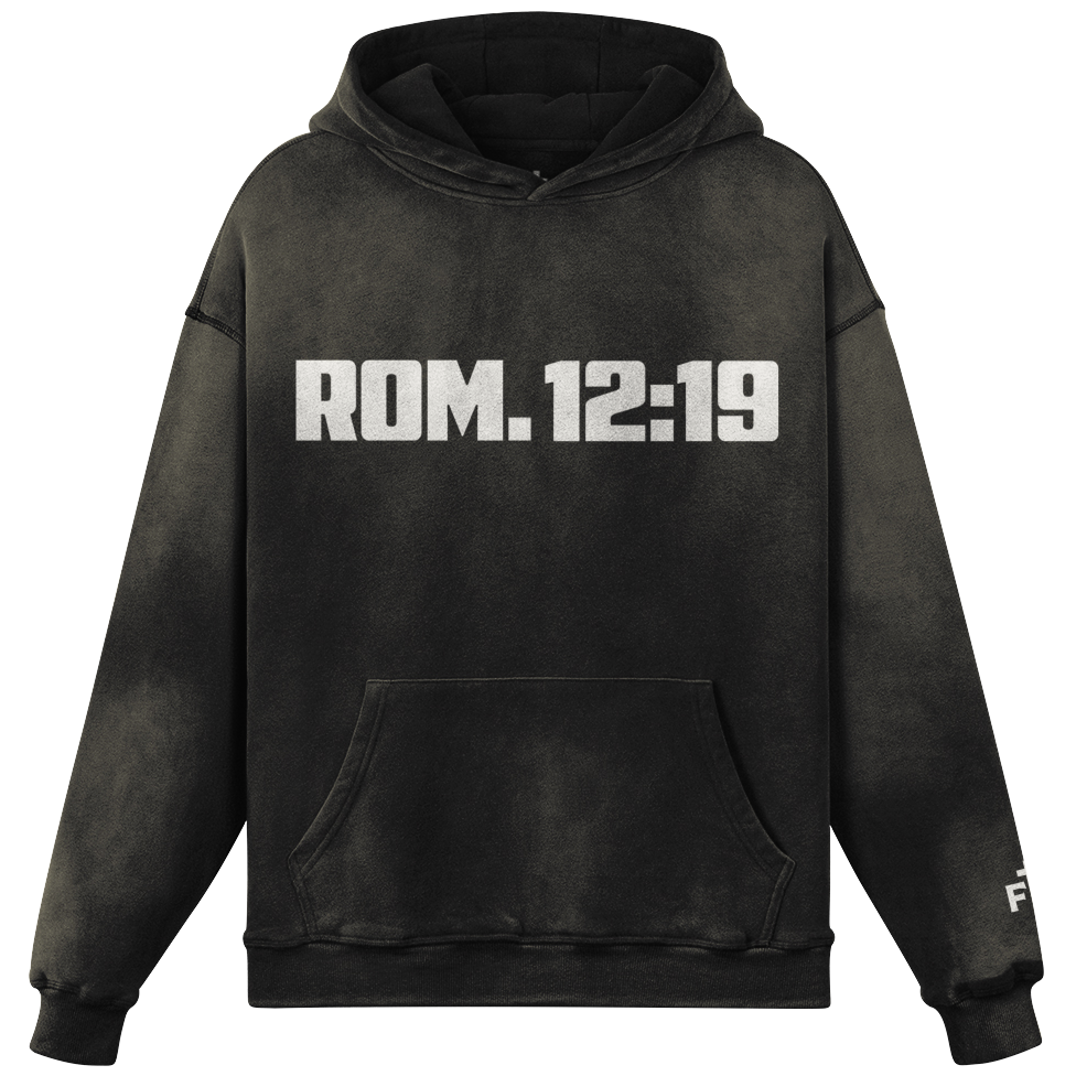 Black hoodie with ROM. 12:19 in white typography