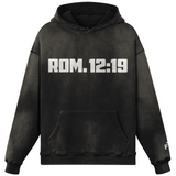Black hoodie with ROM. 12:19 in white typography