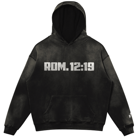 Black hoodie with "ROM. 12:19" in white typography printed on the front.