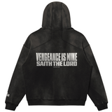 Black hoodie with "Vengeance is Mine Saith The Lord" in white typography