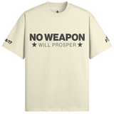 White shirt with "NO WEAPON WILL PROSPER" in black typography. White background.