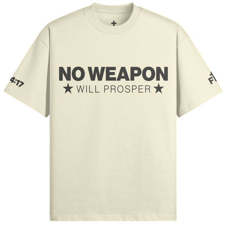 White shirt with "NO WEAPON WILL PROSPER" in black typography. White background.