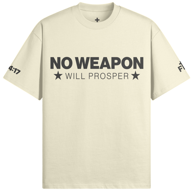 White shirt with "NO WEAPON WILL PROSPER" in black typography. White background.