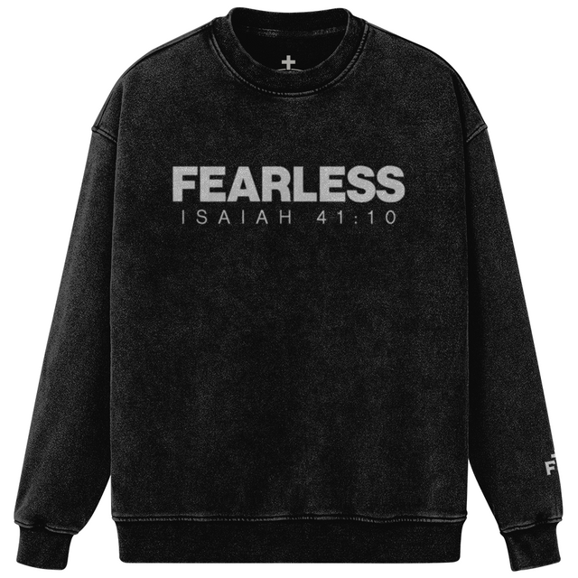 Black sweatshirt with 'FEARLESS Isaiah 41:10' text on a white background