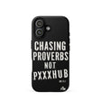 Black phone case with white text on a white background