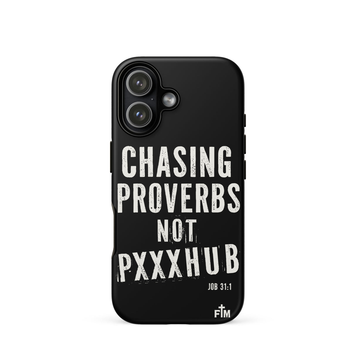 Black phone case with white text on a white background