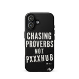 Black phone case with white text on a white background