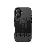 Phone case with a design of a hooded figure and 'JESUS' text on a white background