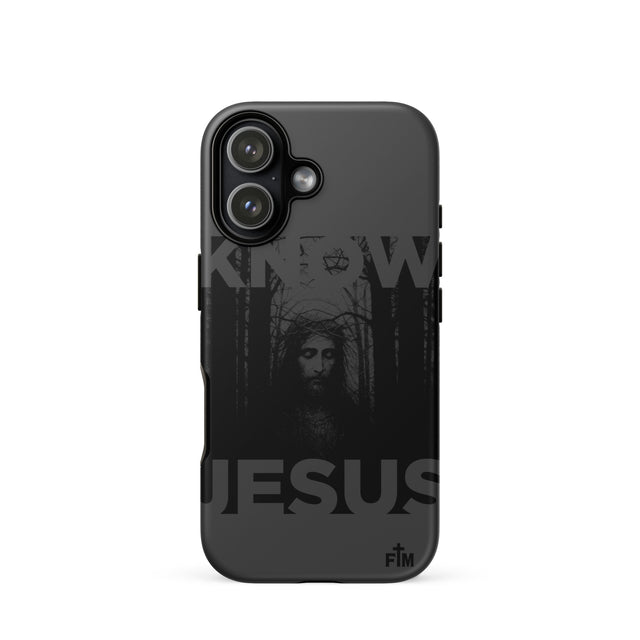 Phone case with a design of a hooded figure and 'JESUS' text on a white background