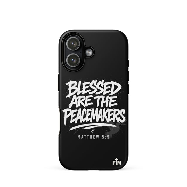Black phone case with 'Blessed are the Peacemakers' text on a white background