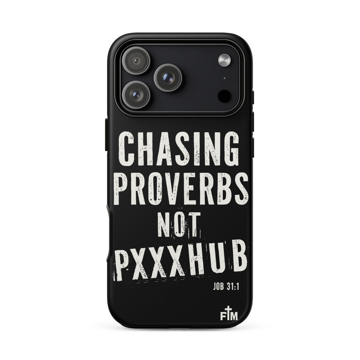 Black phone case with white text on a white background