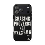 Black phone case with white text on a white background