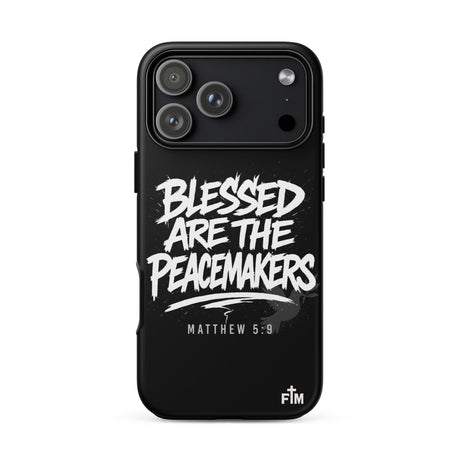 Black phone case with 'Blessed are the Peacemakers' text on a white background