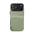 An olive green phone case with a distressed, weathered texture and black speckles, featuring the text 'All Things Philippians 4:13' in white. The case is shown on a plain white background.