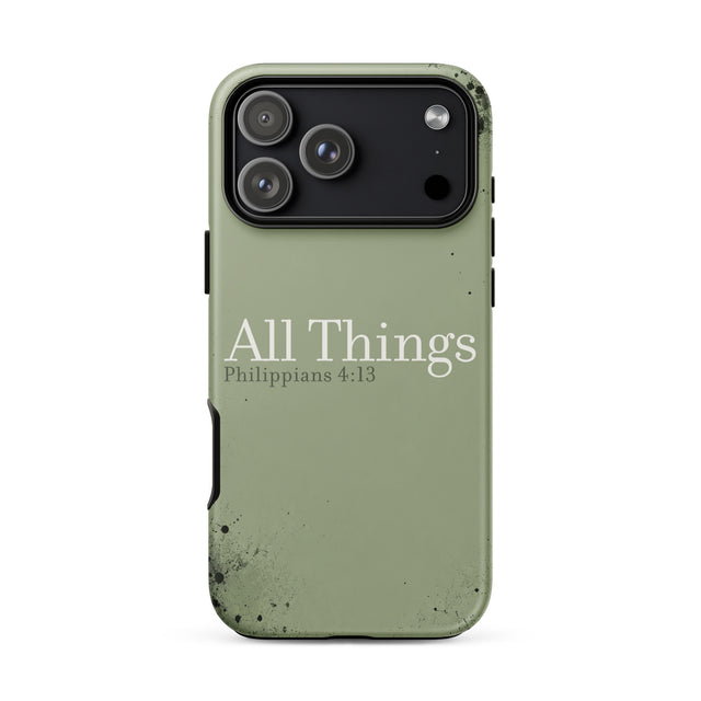 An olive green phone case with a distressed, weathered texture and black speckles, featuring the text 'All Things Philippians 4:13' in white. The case is shown on a plain white background.