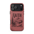 A phone case with a distressed reddish-brown finish, featuring a black graphic of a mountain, pine trees, and a lake with the text 'FAITH CAN MOVE MOUNTAINS' and 'MOROW 8-02'.