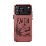 A phone case with a distressed reddish-brown finish, featuring a black graphic of a mountain, pine trees, and a lake with the text 'FAITH CAN MOVE MOUNTAINS' and 'MOROW 8-02'.