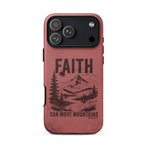 A phone case with a distressed reddish-brown finish, featuring a black graphic of a mountain, pine trees, and a lake with the text 'FAITH CAN MOVE MOUNTAINS' and 'MOROW 8-02'.