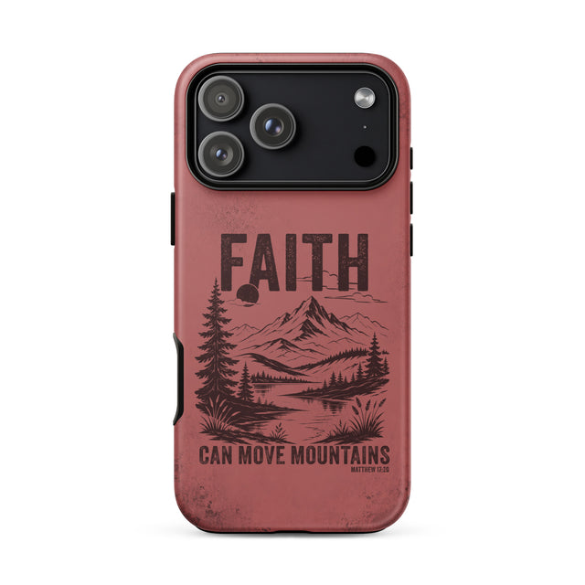 A phone case with a distressed reddish-brown finish, featuring a black graphic of a mountain, pine trees, and a lake with the text 'FAITH CAN MOVE MOUNTAINS' and 'MOROW 8-02'.