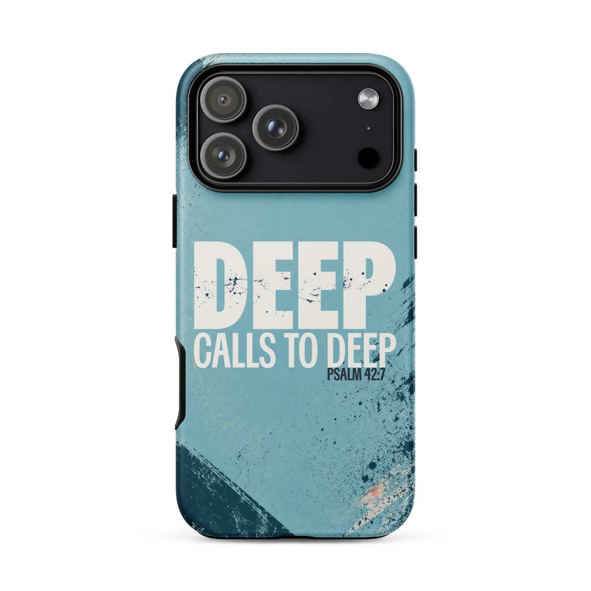 A protective phone case with a distressed teal and dark blue design, featuring the text 'DEEP CALLS TO DEEP PSALM 142:7' in white. The case is shown on a clean white background.