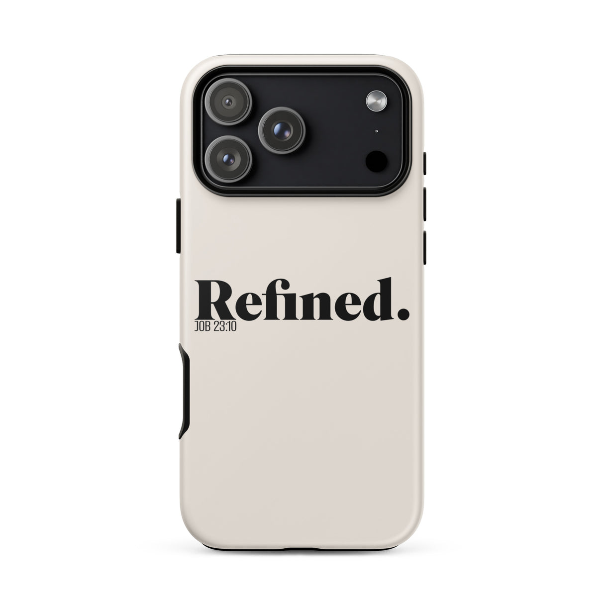 A cream-colored phone case with a black camera bar and the word 'Refined.' printed in black on the back, shown on a plain white background.