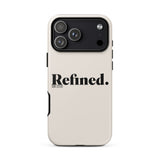 A cream-colored phone case with a black camera bar and the word 'Refined.' printed in black on the back, shown on a plain white background.