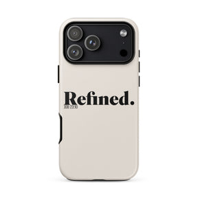A cream-colored phone case with a black camera bar and the word 'Refined.' printed in black on the back, shown on a plain white background.