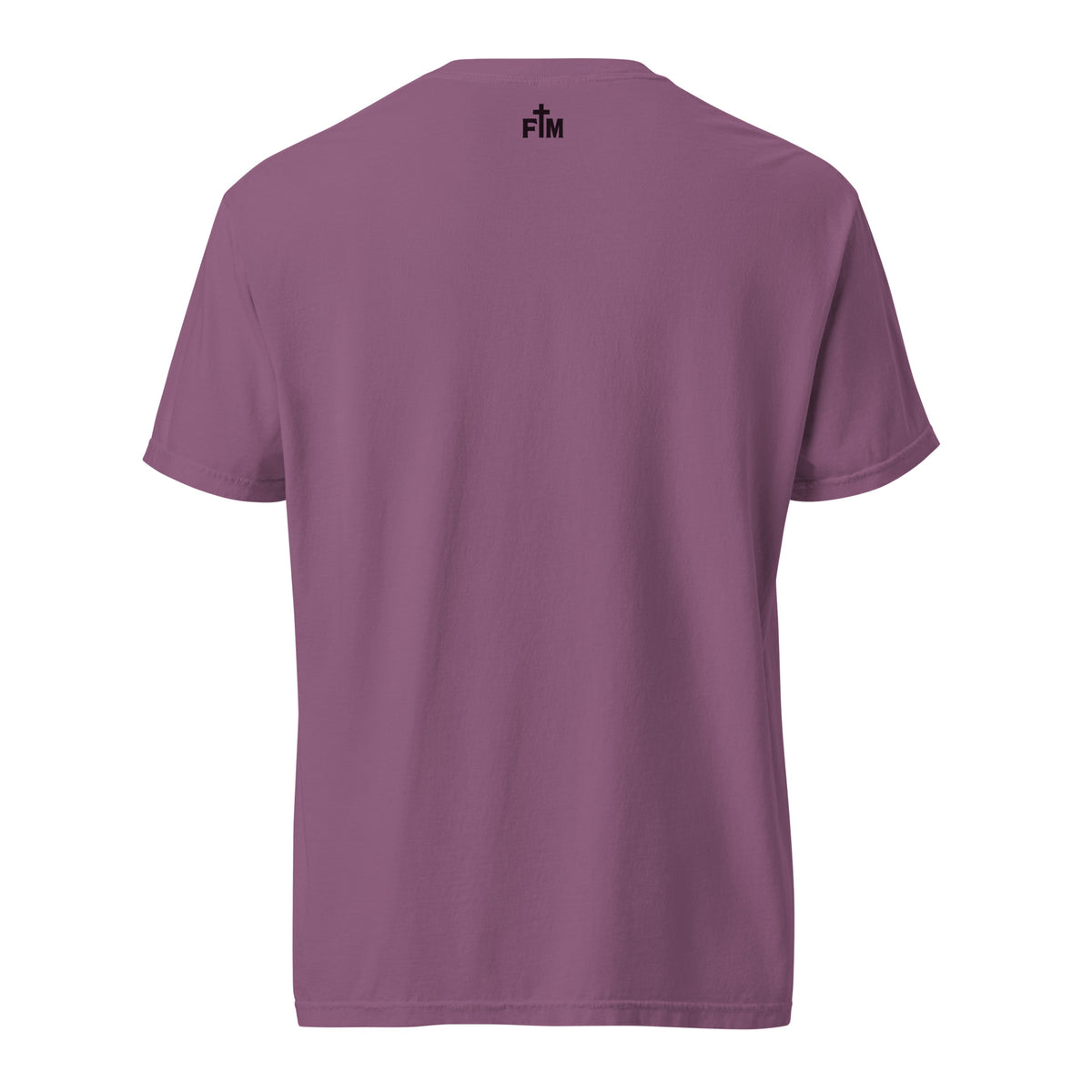 Small Faith Mode "FM" logo printed on the upper back neck of the shirt in dark ink.