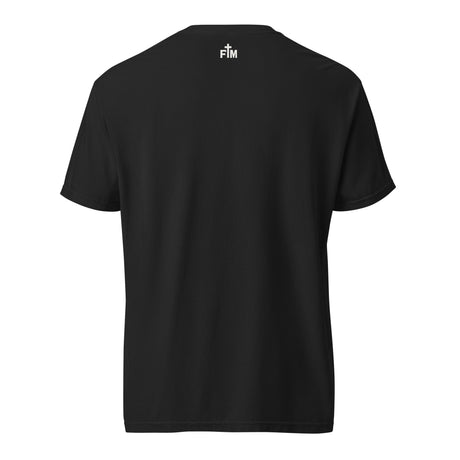 Small Faith Mode "FM" logo printed on the upper back neck of the shirt in light colored ink. 