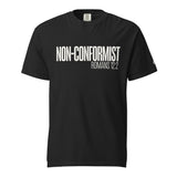 A black short-sleeve crewneck t-shirt with 'NON-CONFORMIST ROMANS 12:2' printed in white text across the chest, shown on a plain white background.