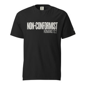 A black short-sleeve crewneck t-shirt with 'NON-CONFORMIST ROMANS 12:2' printed in white text across the chest, shown on a plain white background.