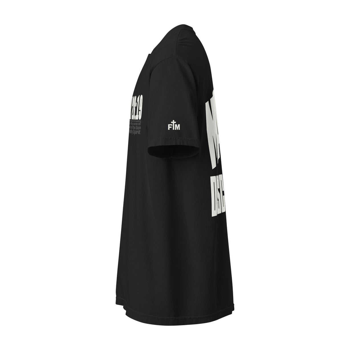Black Make Disciples Matthew 28:19 Garment-Dyed Heavyweight Shirt - Alt Image - Side View with Logo