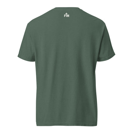 Small Faith Mode "FM" logo printed on the upper back neck of the shirt in light colored ink. 