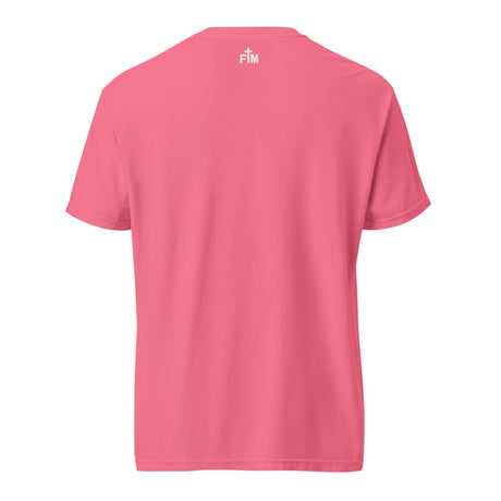 Small Faith Mode "FM" logo printed on the upper back neck of the shirt in light colored ink. 