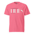 A pink short-sleeve crewneck t-shirt with a white graphic text print reading 'CONSIDER THE LILIES' and 'MATTHEW 6:28' underneath, displayed on a solid white background.