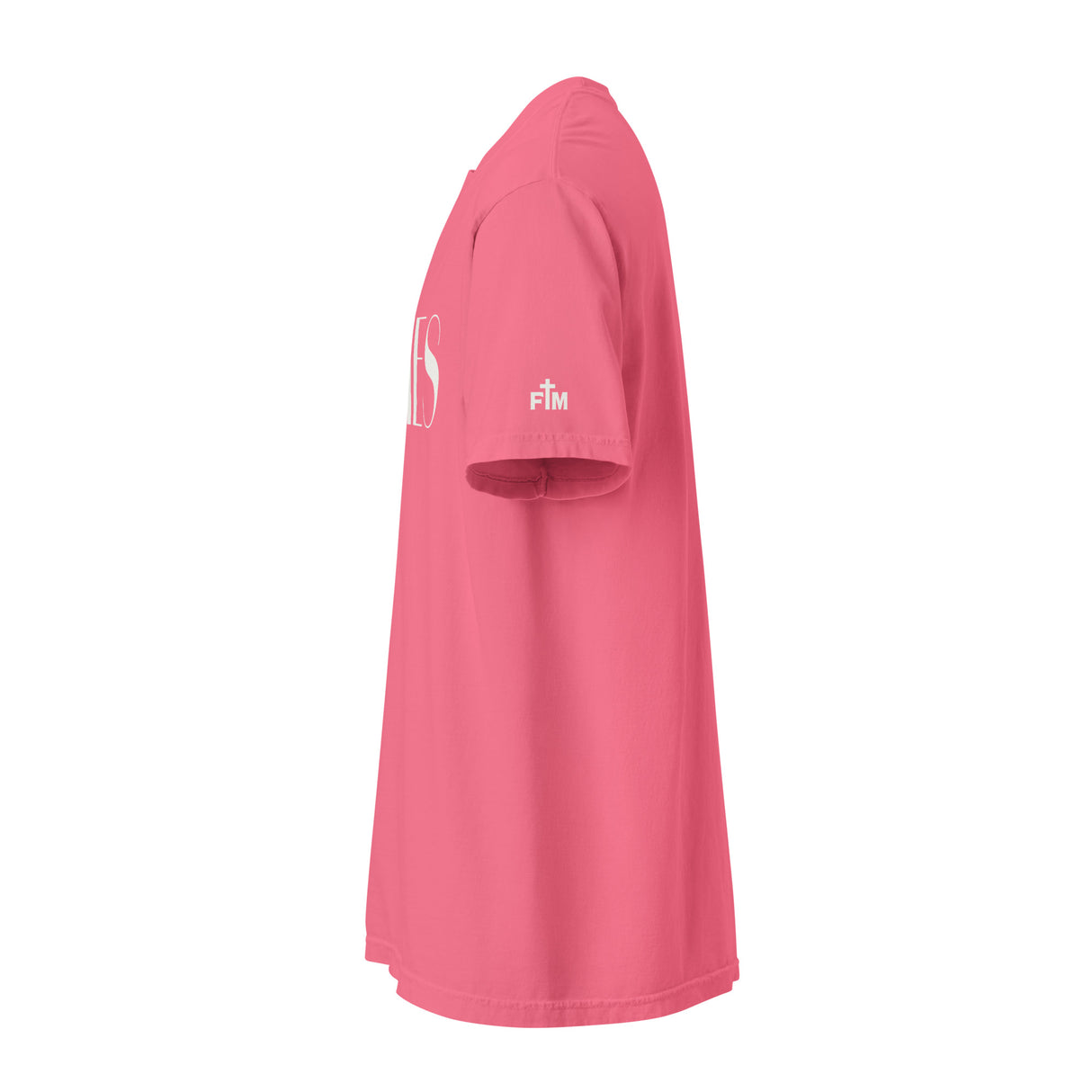 A pink short-sleeve athletic t-shirt shown from a side profile view against a solid white background. The shirt features a white printed logo on the upper left chest and a small white 'FM' logo on the right sleeve.