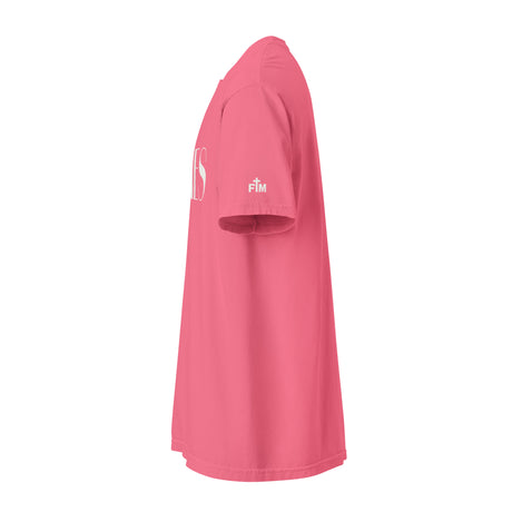 A pink short-sleeve athletic t-shirt shown from a side profile view against a solid white background. The shirt features a white printed logo on the upper left chest and a small white 'FM' logo on the right sleeve.