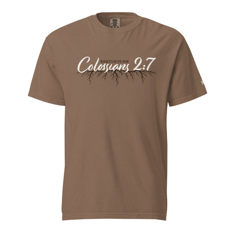 Espresso Brown tee with Colossians 2:7 print in cream white