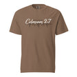 Espresso Brown tee with Colossians 2:7 print in cream white