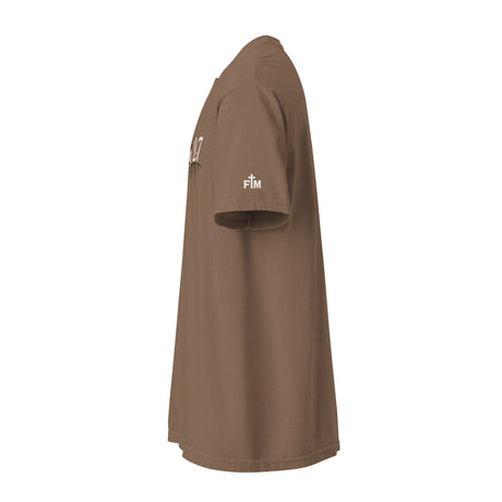 Brown t-shirt with a logo on the sleeve against a white background
