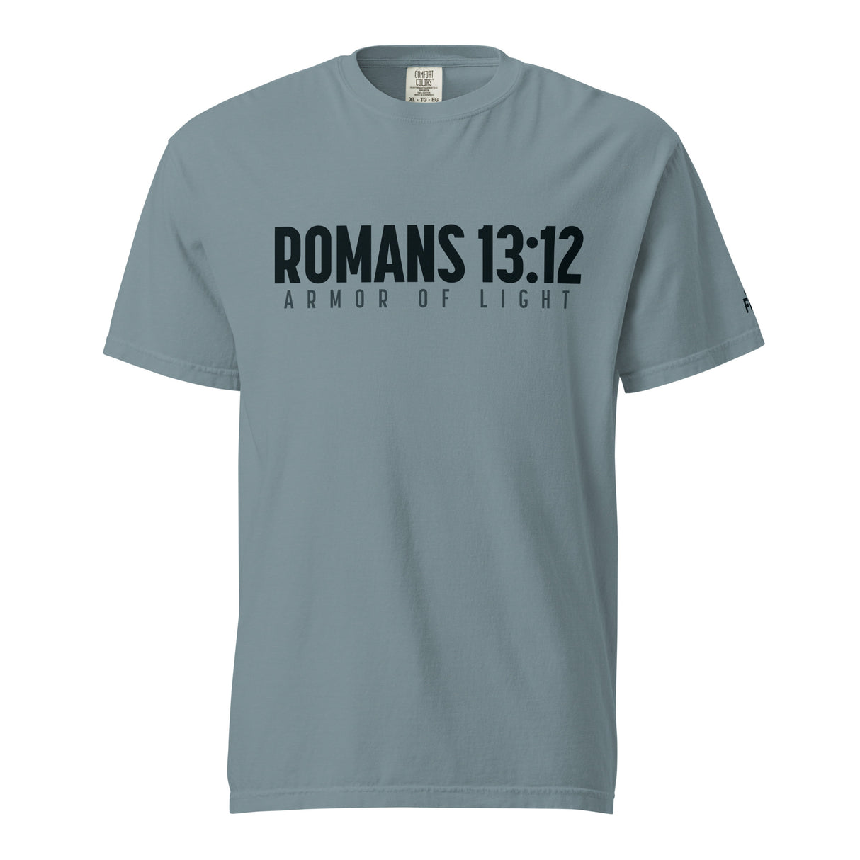 A slate blue short-sleeve t-shirt with 'ROMANS 13:12' and 'ARMOR OF LIGHT' printed in black across the chest, displayed on a clean white background.