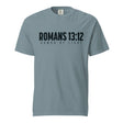 A slate blue short-sleeve t-shirt with 'ROMANS 13:12' and 'ARMOR OF LIGHT' printed in black across the chest, displayed on a clean white background.