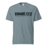 A slate blue short-sleeve t-shirt with 'ROMANS 13:12' and 'ARMOR OF LIGHT' printed in black across the chest, displayed on a clean white background.