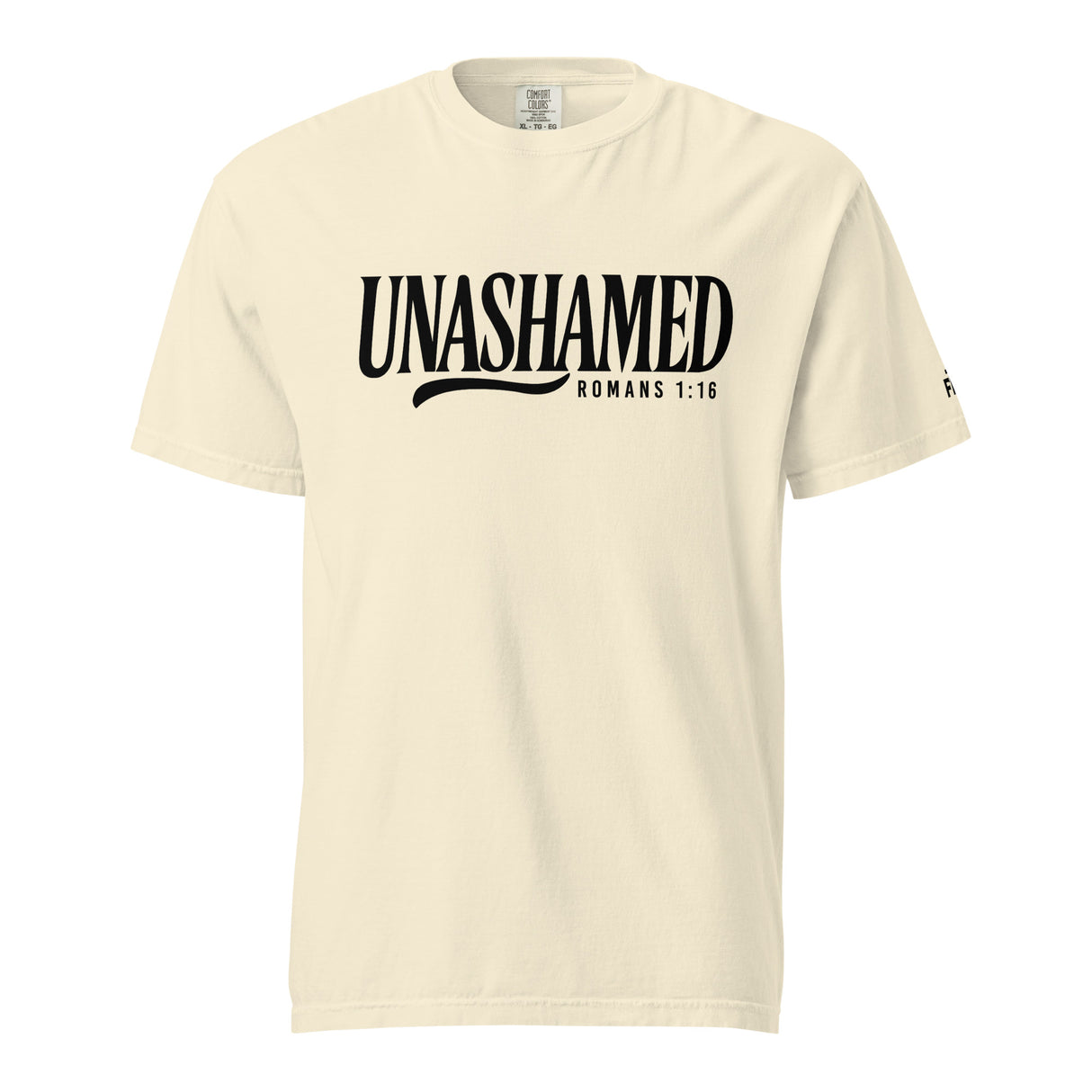 A cream-colored short-sleeve t-shirt with 'UNASHAMED ROMANS 1:16' printed in black across the chest, displayed on a solid white background.