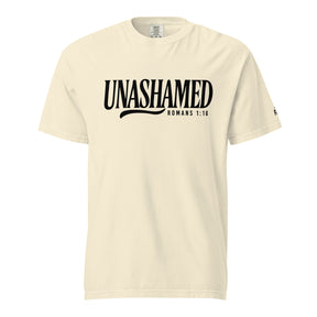 A cream-colored short-sleeve t-shirt with 'UNASHAMED ROMANS 1:16' printed in black across the chest, displayed on a solid white background.